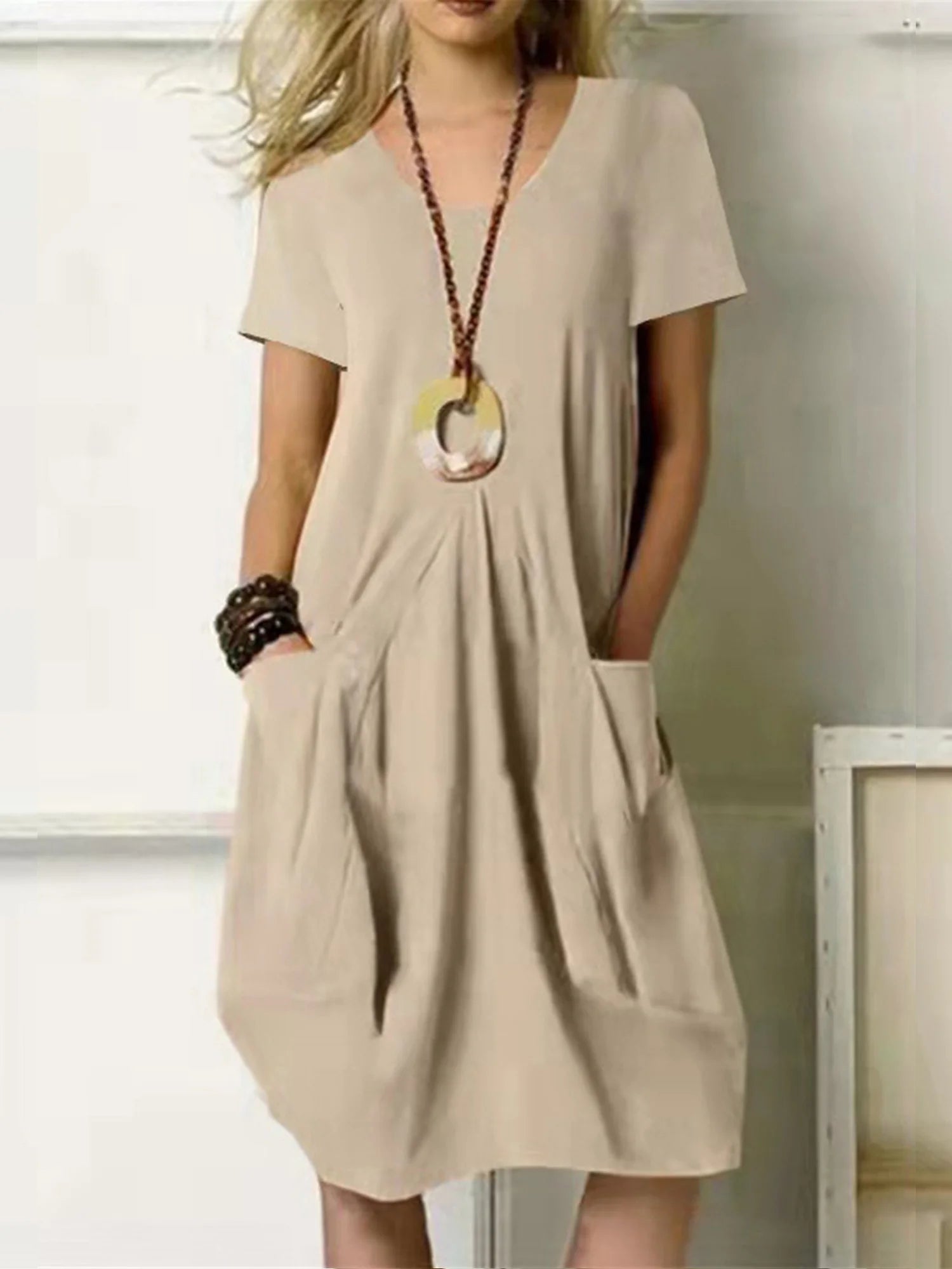 Casual Plain Crew Neck Midi Dress