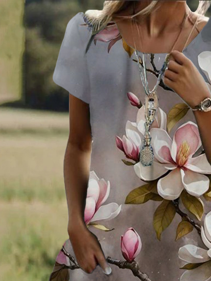Floral Print Short Sleeve Crew Neck Dress