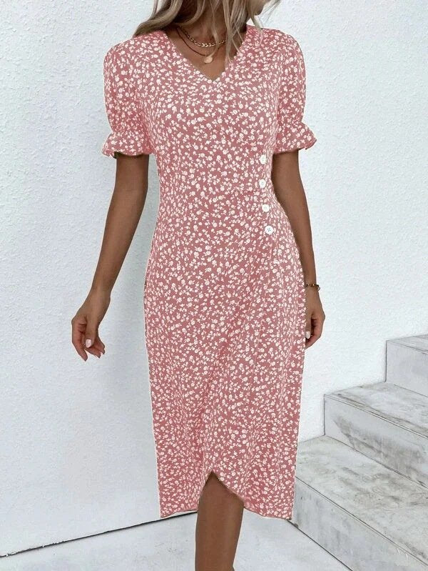 Ditsy Floral Puff Sleeve Wrap Midi Dress Elegant V Neck Summer Dress