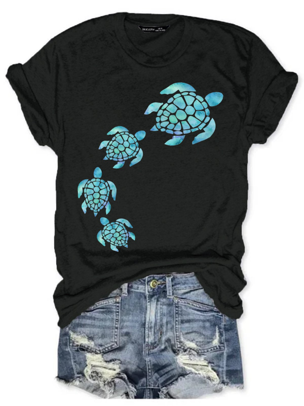 Womens Sea Turtle Watercolor Blue Print Casual T-Shirt