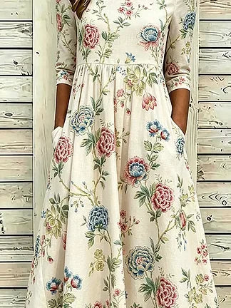 Elegant Loose Crew Neck Cotton-Blend Dress With No