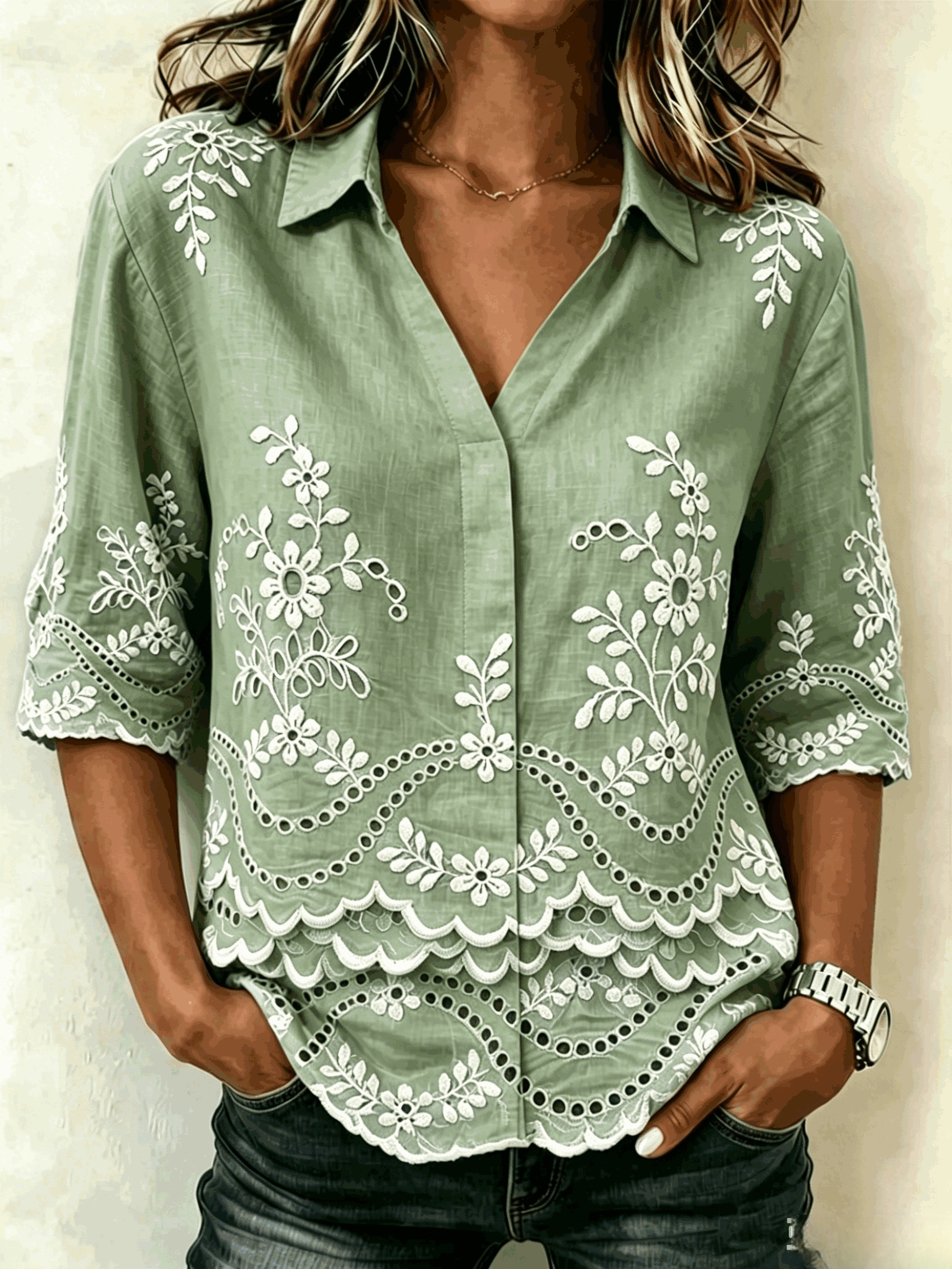 Women's Light Blue Floral Print Blouse Collared Short Sleeve Casual Loose Top