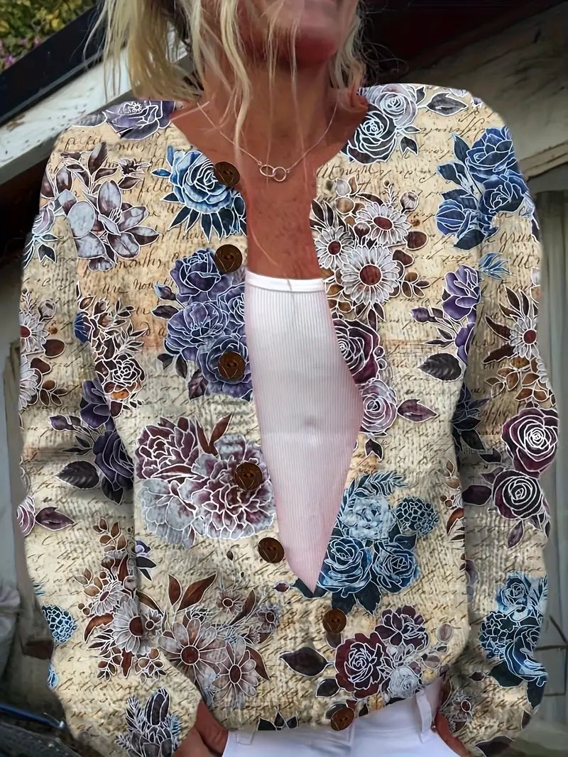 Women's Floral Print Cardigan White Multicolor Flower Print Long Sleeve Button Down Knit Jacket