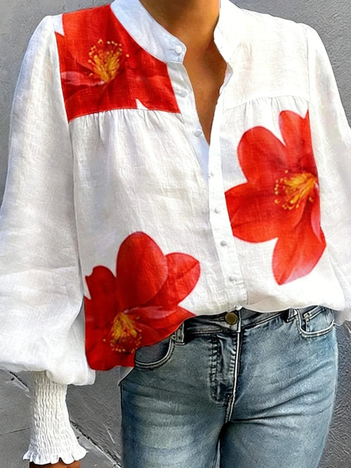 3D Printing Big Scale Flower Printing Long Sleeve Smock Cuff Stand Collar Loose Going Out Casual Shirt