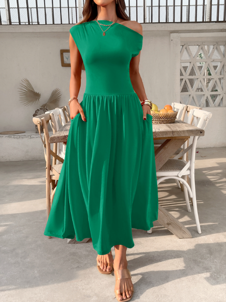 Women's Short Sleeve Summer Red Plain Asymmetrical Daily Going Out Casual Maxi A-Line Tunic Dress