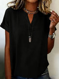 Polyester Cotton V Neck Short Sleeve Casual Blouse