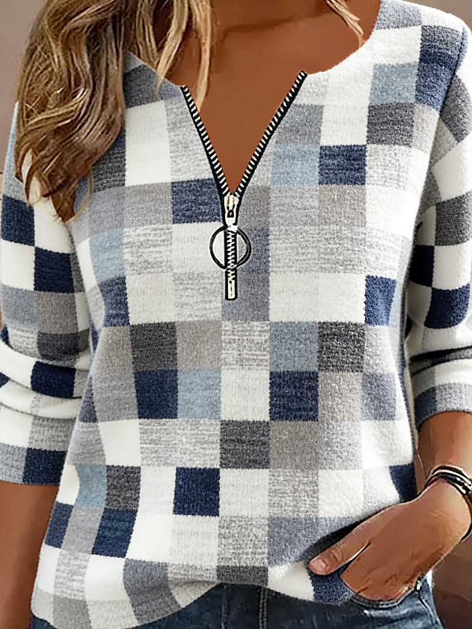 V Neck Vintage Cotton-Blend Zipper T-Shirt