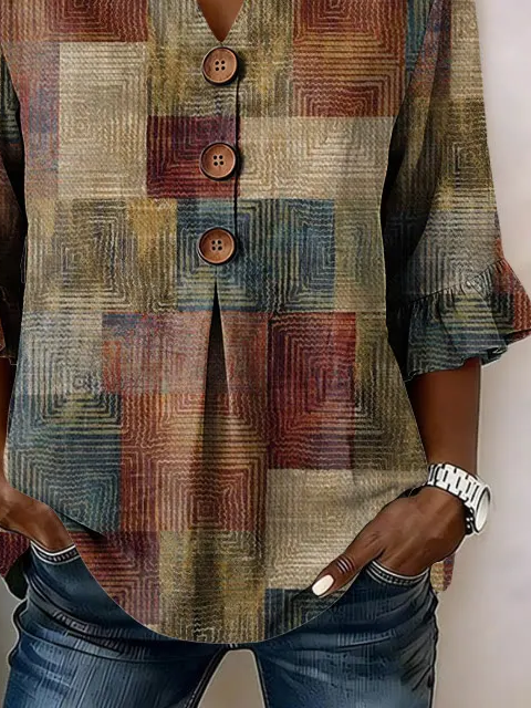 Women's Half Sleeve Blouse Summer As Picture Abstract Printing V Neck Daily Going Out Vintage Top