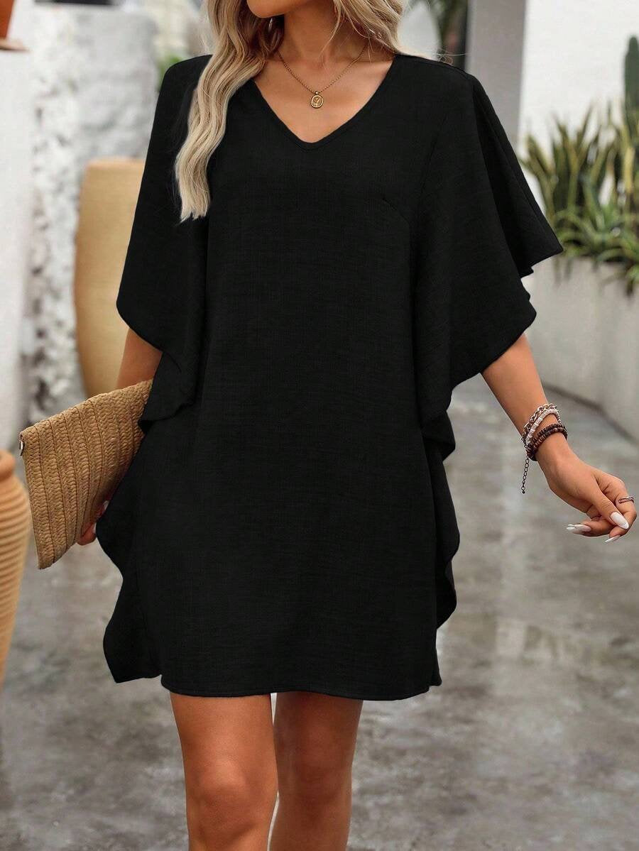 Women's Short Sleeve Summer Khaki Plain Split Joint V Neck Daily Going Out Vintage Mini A-Line Ruffle Skirt Dress