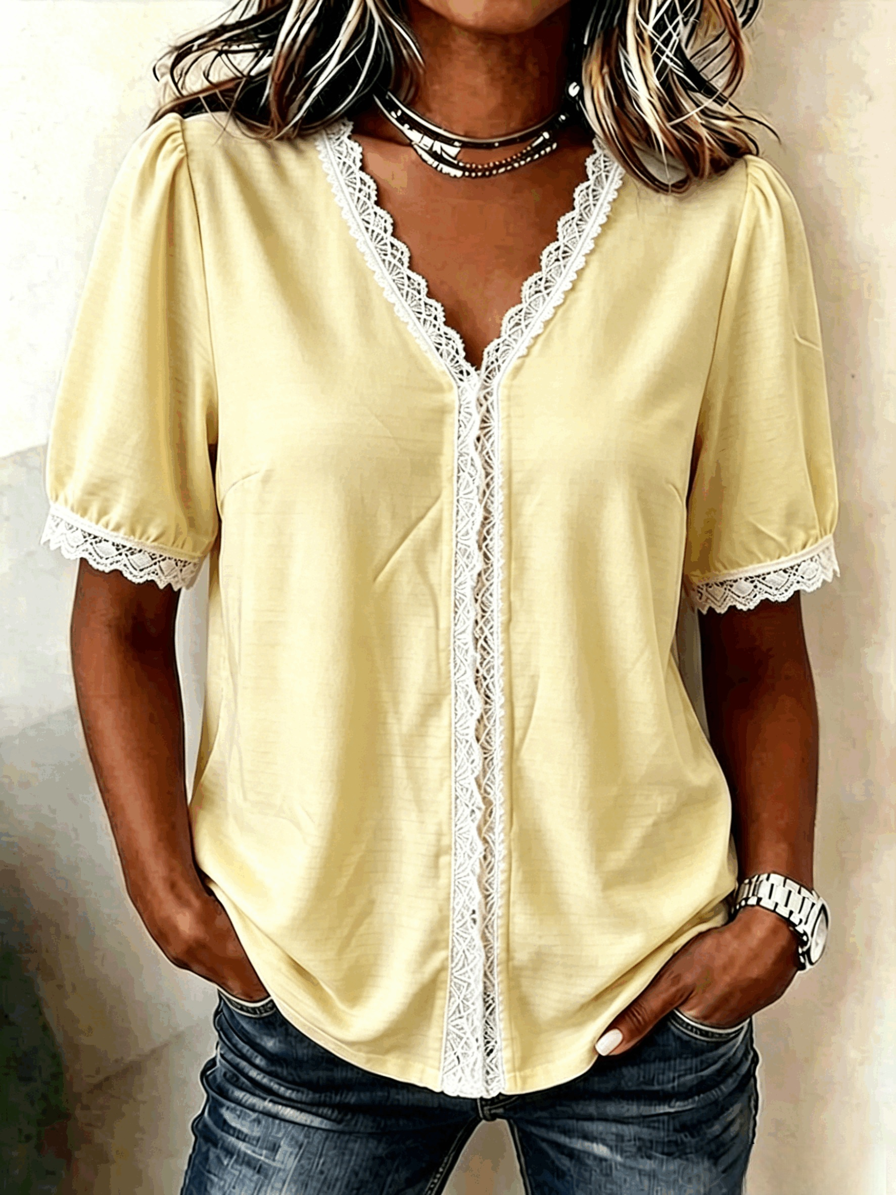 Plain Regular Fit V Neck Casual Blouse