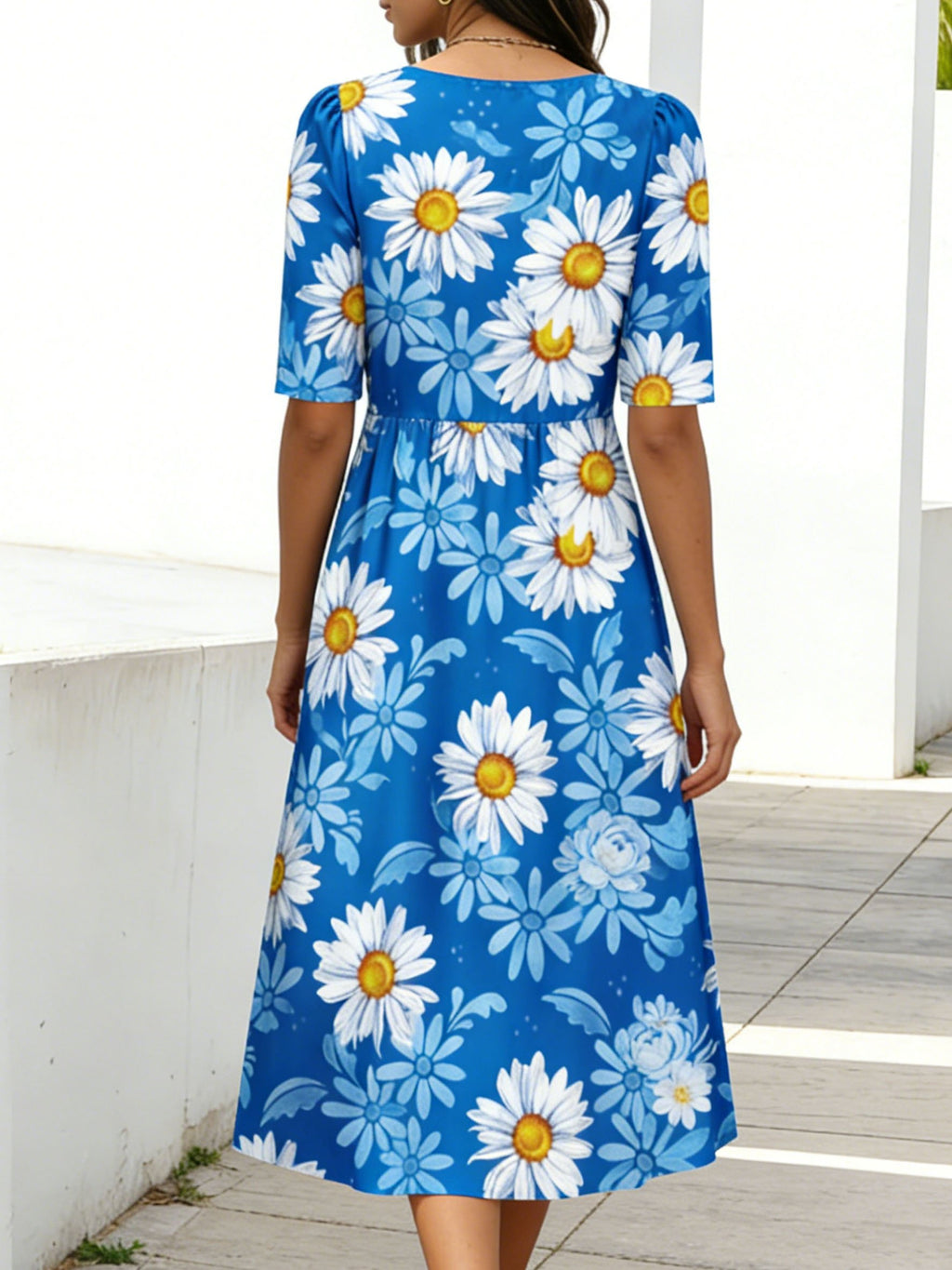 Women's Short Sleeve Summer Blue Daisy Floral Printing Round Neck Daily Going Out Casual Maxi A-Line Dress