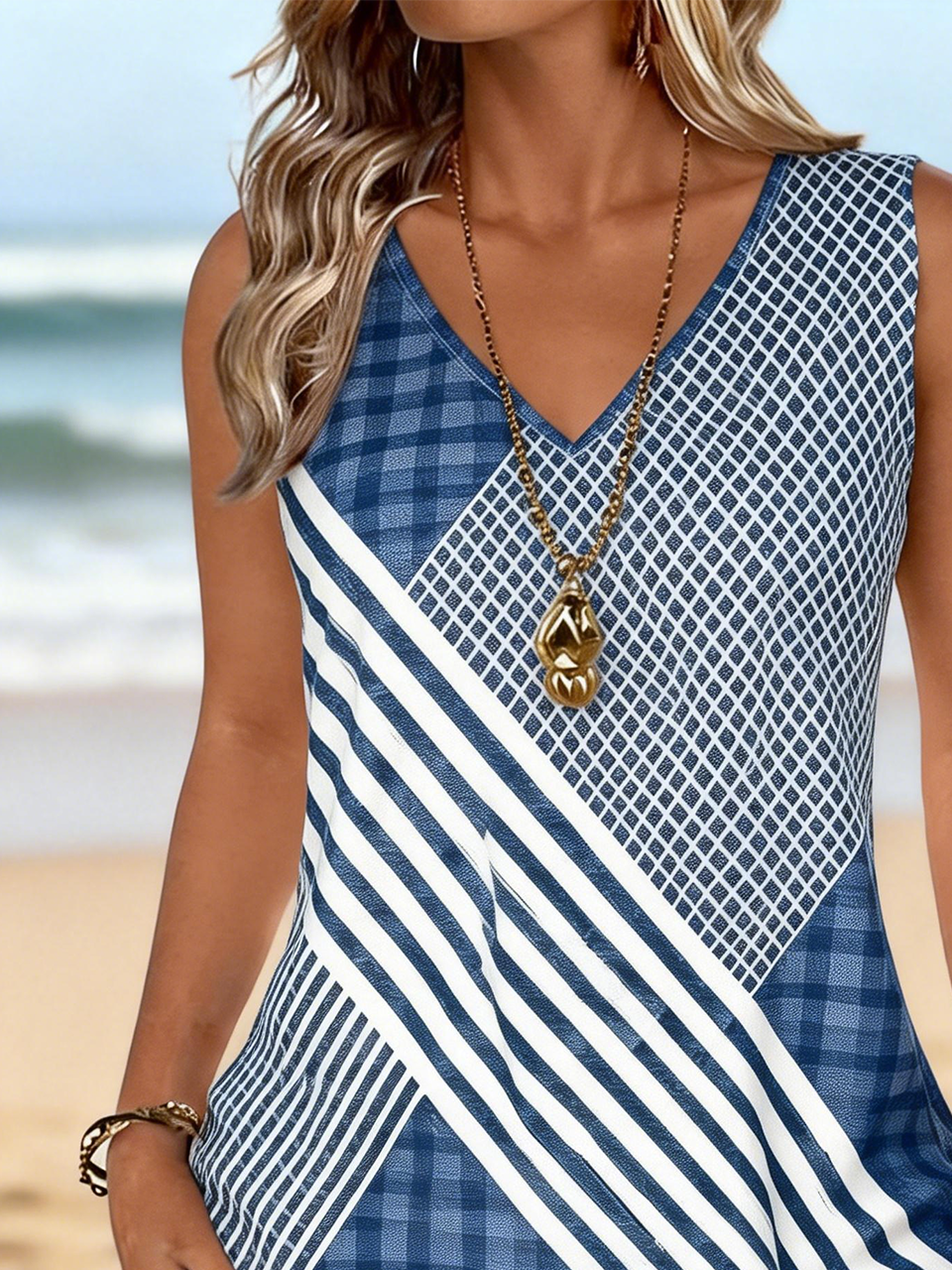 V Neck Cotton-Blend Boho Tank Top