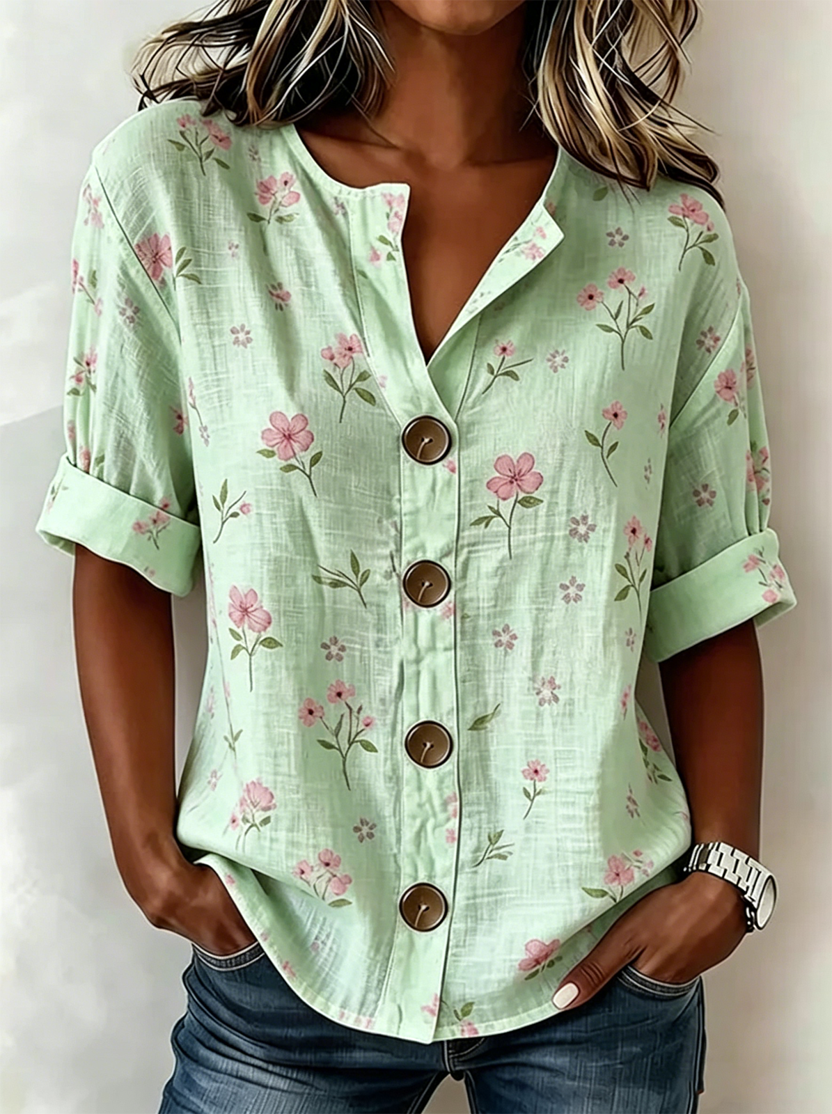 Women's Floral Print Linen Blend V-Neck Button Front Rolled Sleeve Blouse