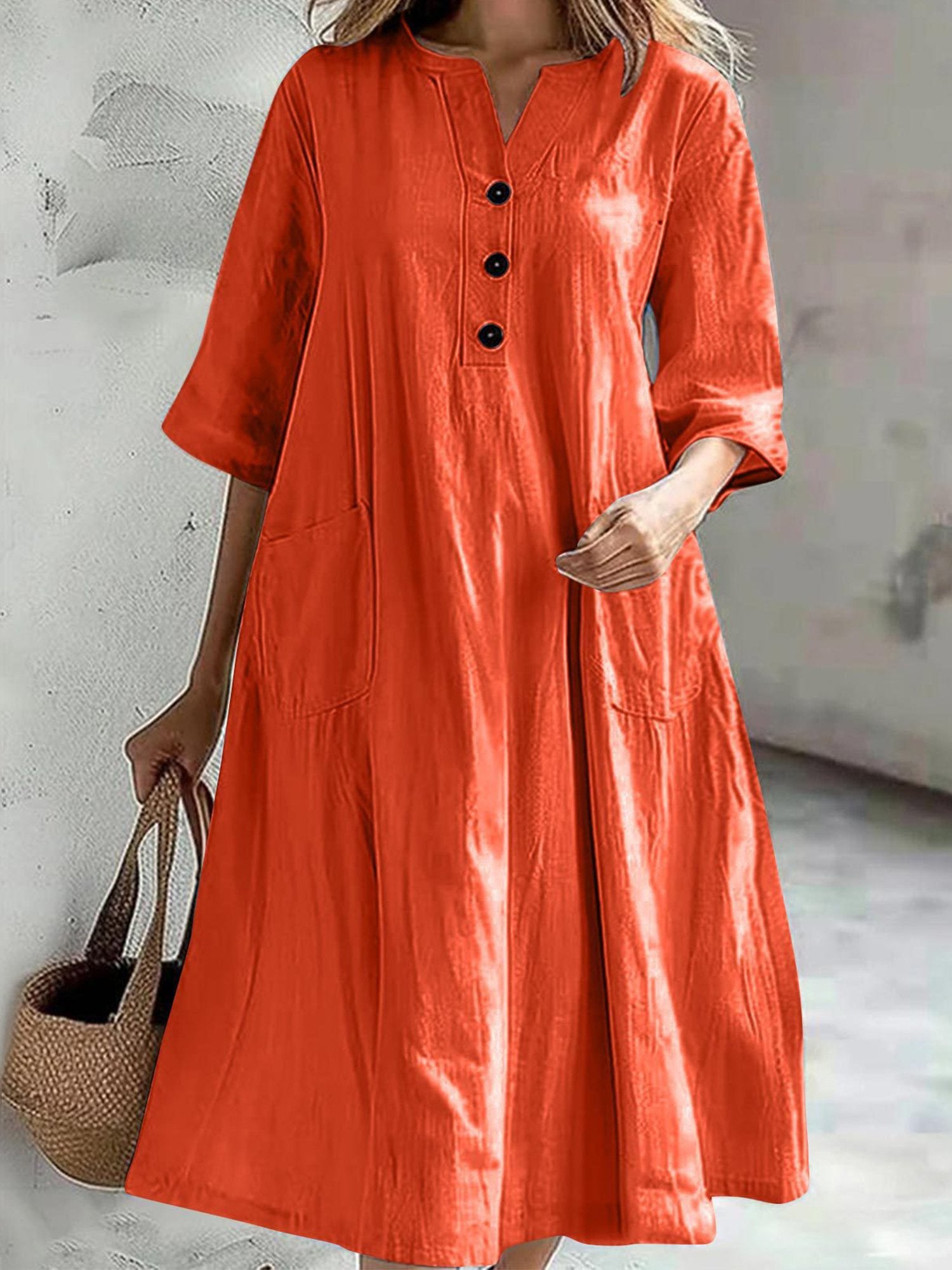 Casual Plain Half Sleeve Notched Dress