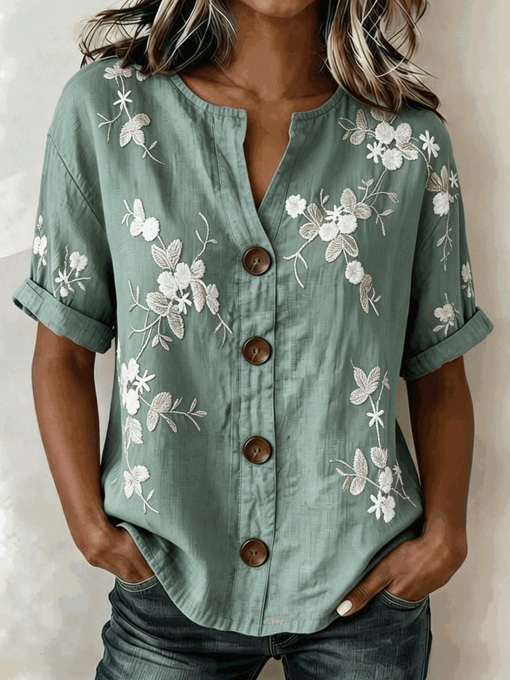 Linen Blend 3D Floral Print Henley Neck Button Front Roll Cuff Casual Blouse