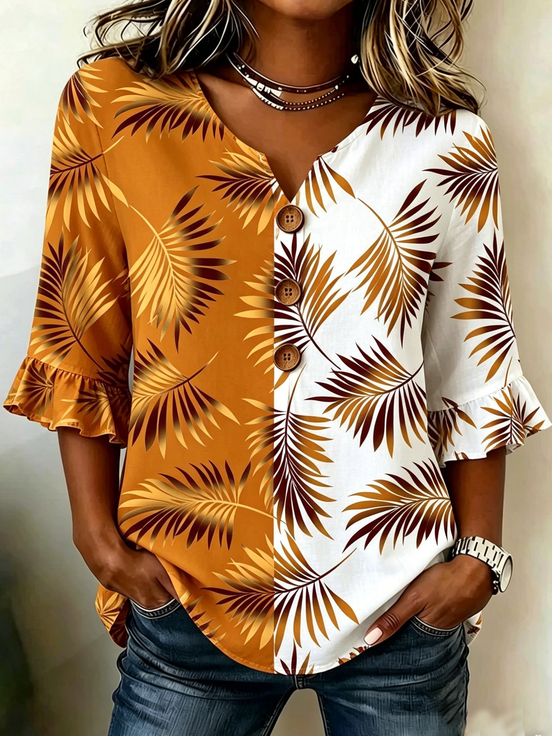 Women's Floral Half Ruffle Sleeve Blouse Summer V Neck Button Daily Going Out Vintage Top