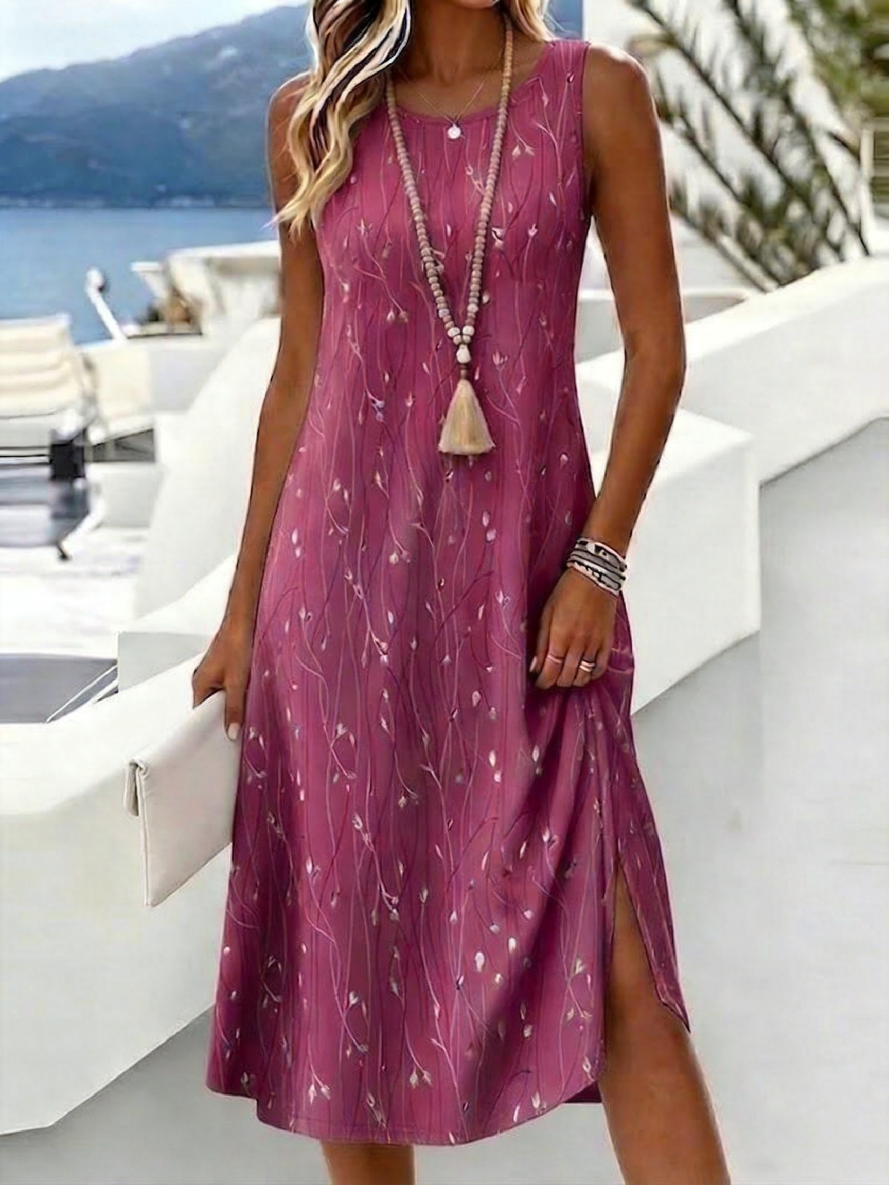 Women's Sleeveless Round Neck Midi Dress Blue Gray Floral Print Casual Summer Tank Dress with No Slit Hem
