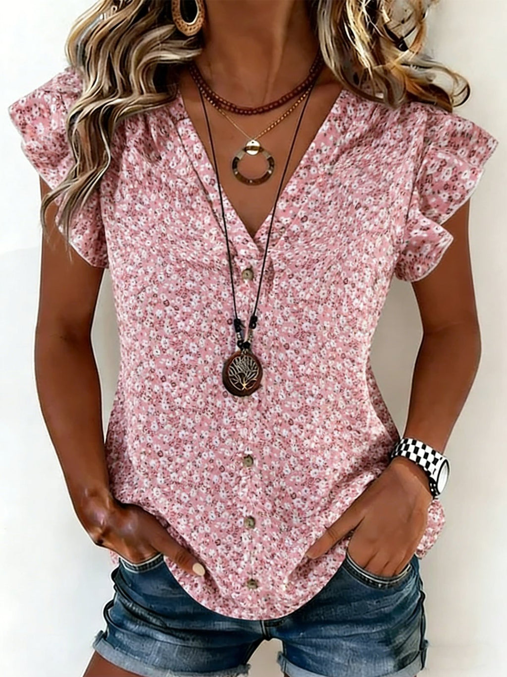 Vintage Loose Ditsy Floral Others Ruffle Sleeve T-Shirt