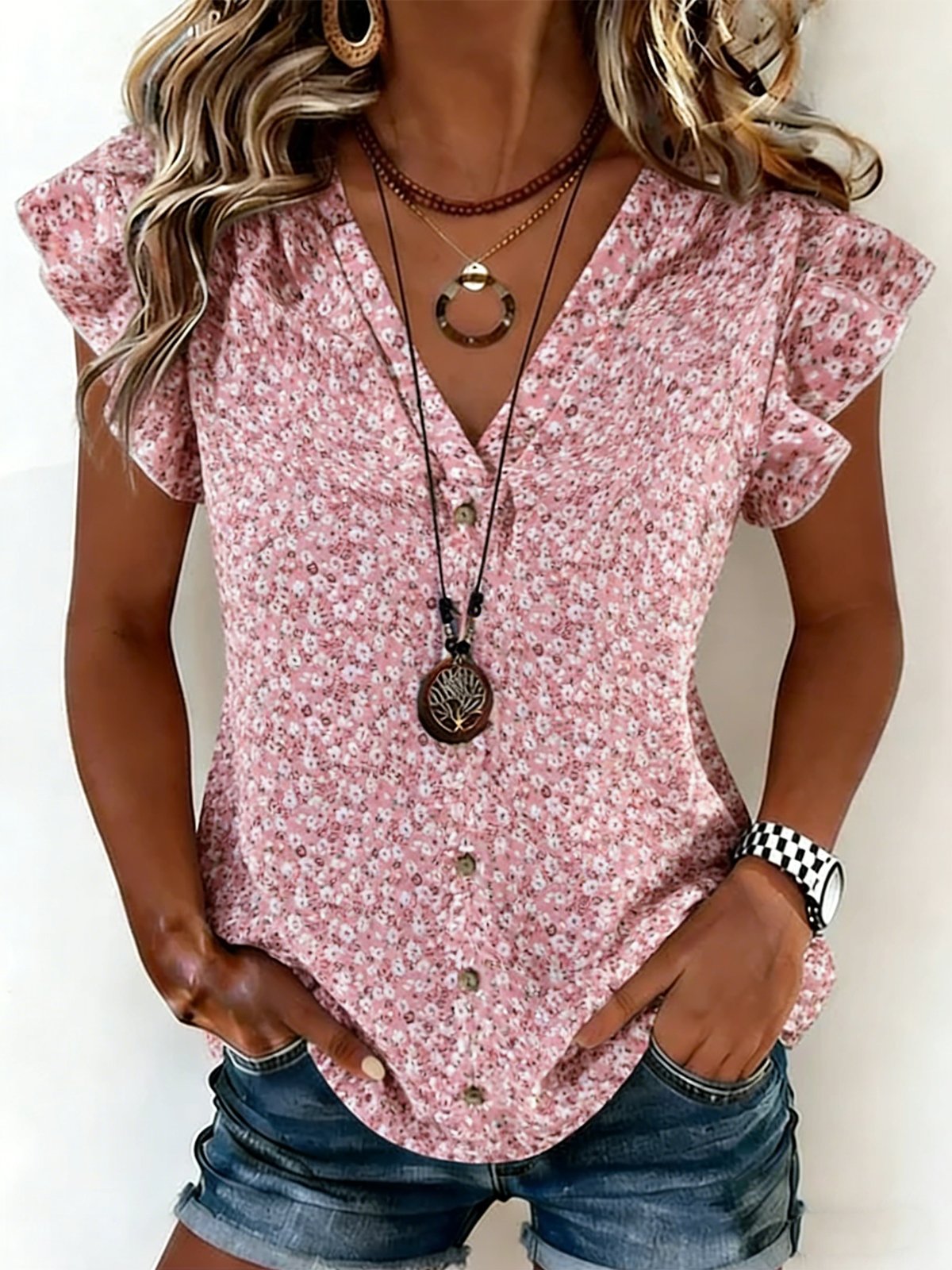 Vintage Loose Ditsy Floral Others Ruffle Sleeve T-Shirt