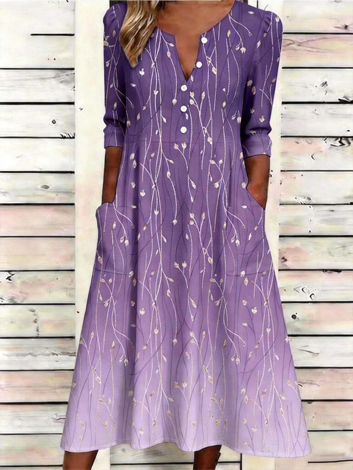 Vintage Half Open Collar Floral Loose Dress With No