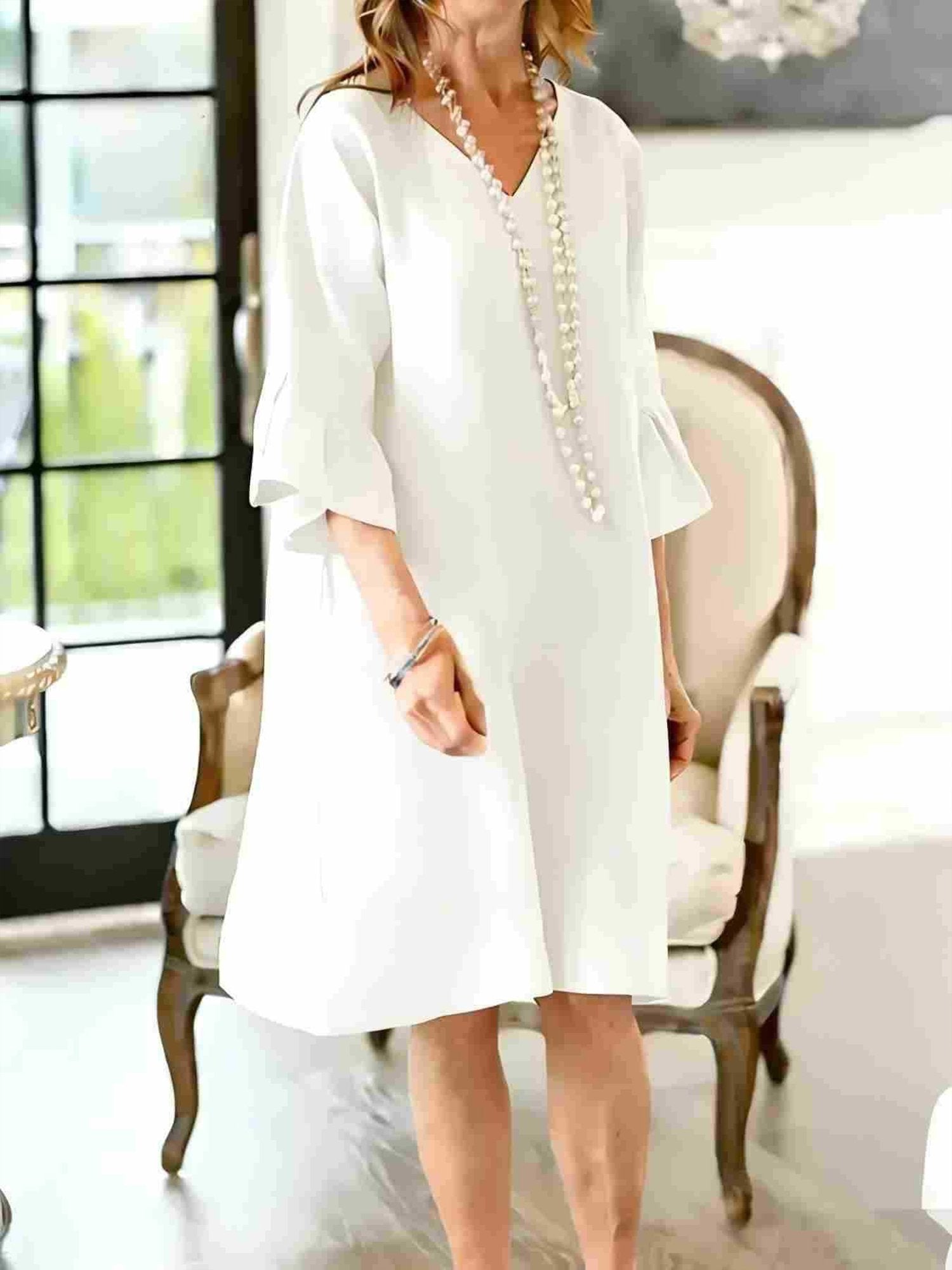 Casual Plain Ruffle Sleeve V Neck Knee Length Dress