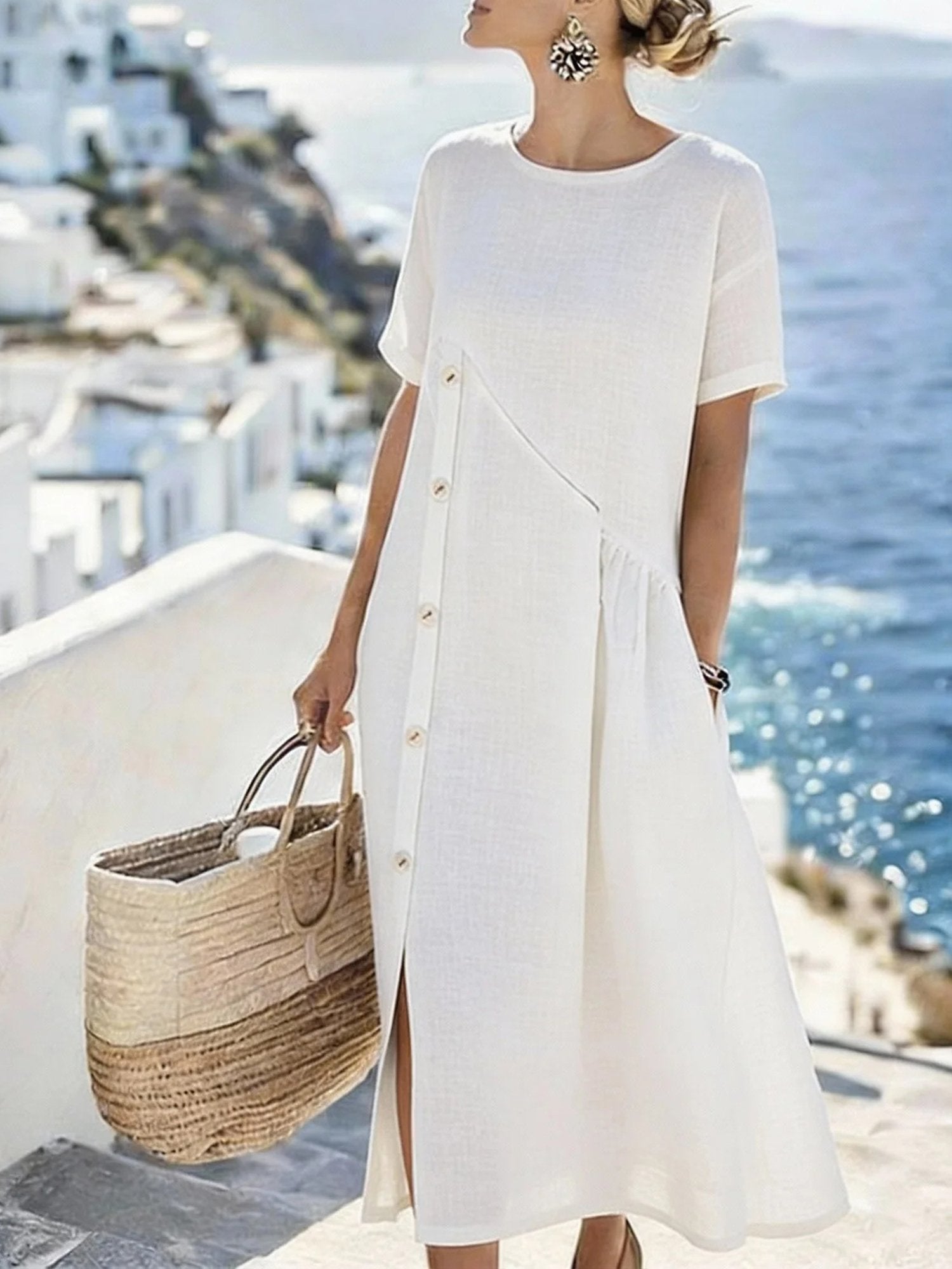 Casual Plain Buttoned Crew Neck Midi Dress