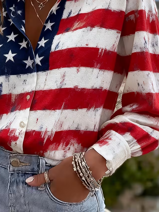 Women's Long Sleeve Shirt Spring/Fall As Picture America Flag Buckle Shirt Collar Regular Sleeve Daily Going Out Casual Top