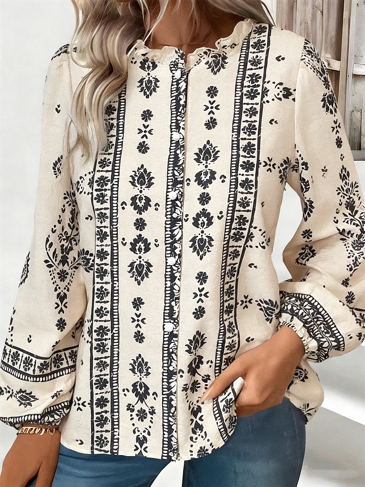 Loose Elegant Balloon Sleeve Cotton-Blend Floral Shirt