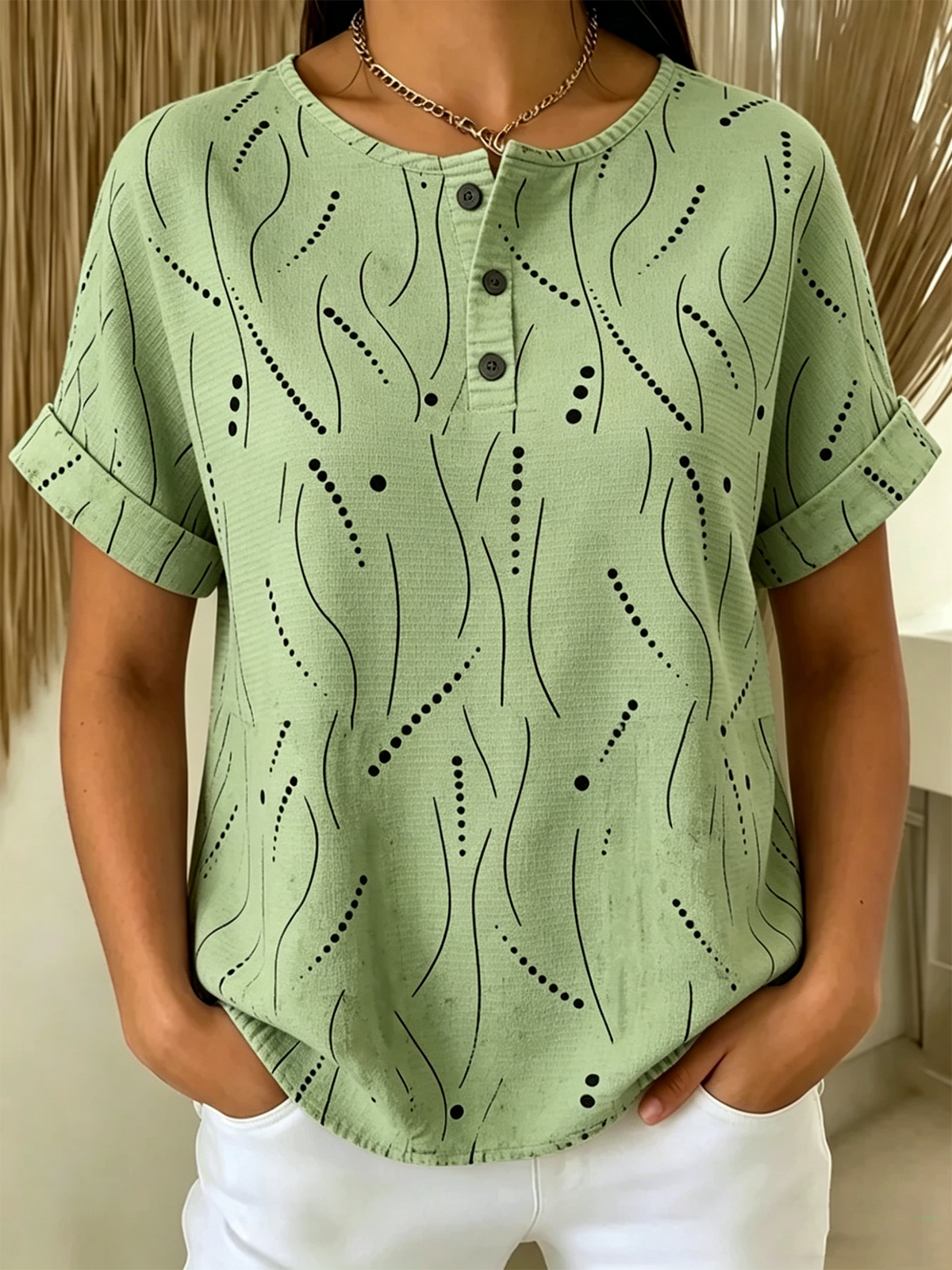 Women’s Abstract Line & Dot Print Henley Neck Short Sleeve T‑shirt