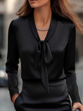 Satin Plain V Neck Long Sleeve Elegant Shirt
