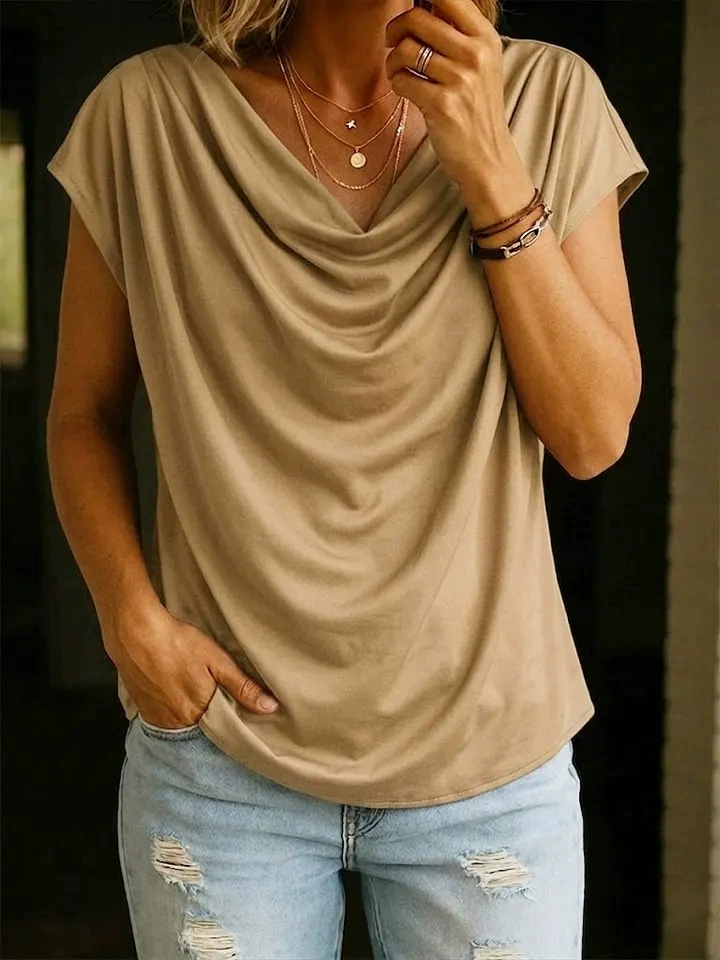 Jersey Casual Plain V Neck Sleeveless Summer Elegant Cowl Neck Top
