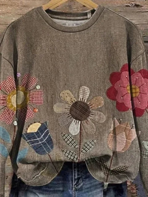 Vintage Floral Print Round Neck Long Sleeve Sweatshirt