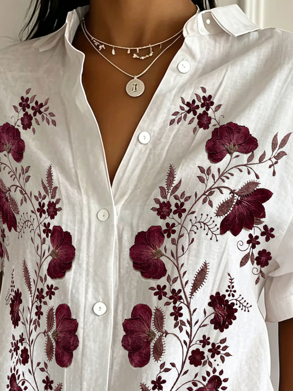 Floral Print Shawl Collar Short Sleeve Linen Blend Casual Shirt