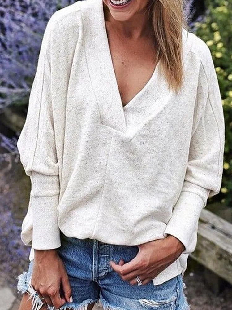 Loose Simple Plain V Neck Sweatshirt