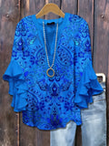 Women's Half Sleeve Shirt Summer Blue Floral Printing V Neck Daily Going Out Casual Top