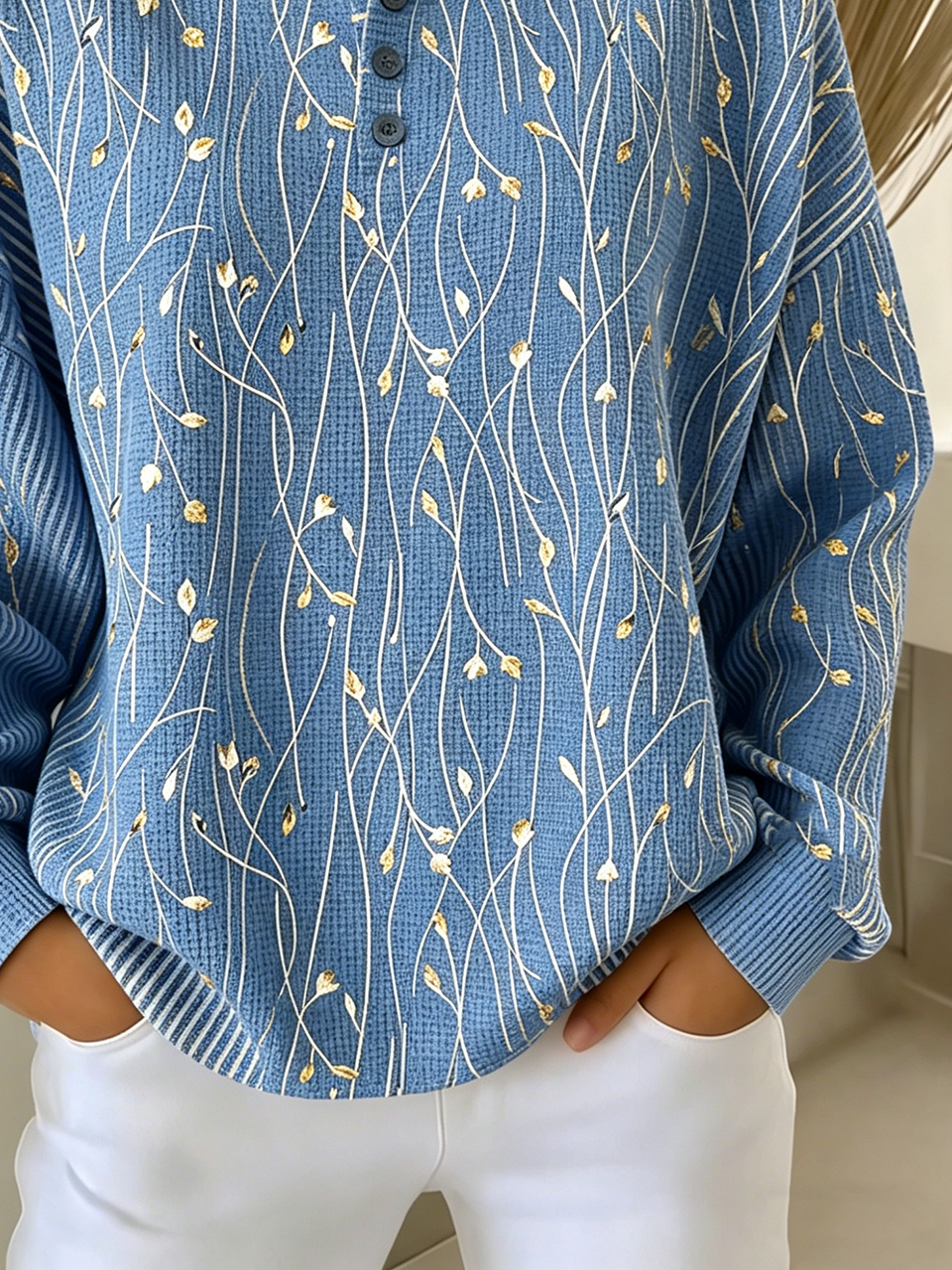Women's Lightweight Floral Branch Print Henley Long Sleeve Sweatshirt