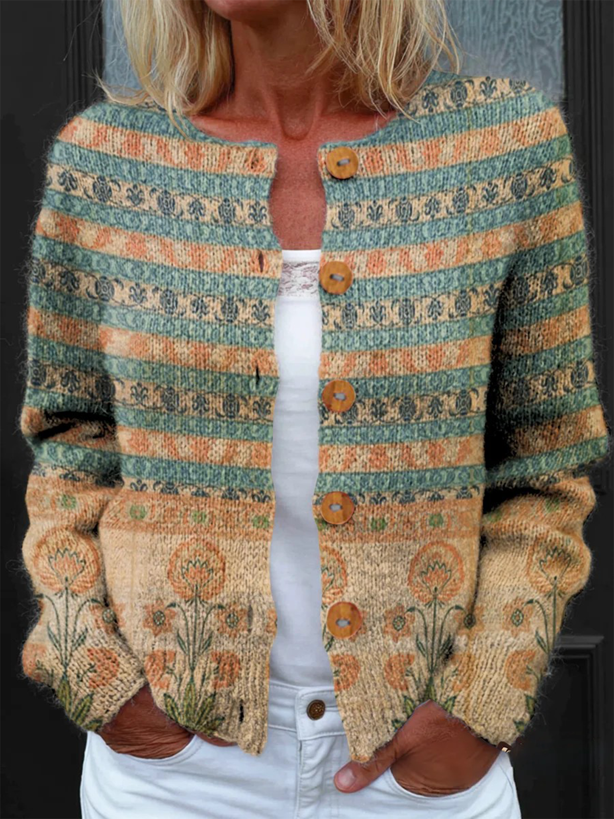 Women's National Totem Art Print Buttoned Cardigan Sweater