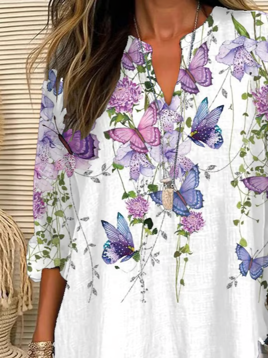 Women's Long Sleeve Blouse Spring/Fall White Floral Printing Cotton-Blend V Neck Daily Going Out Casual Top