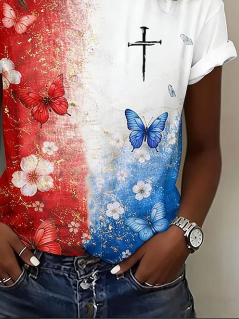 Women's Short Sleeve T-shirt Summer White Independence Day (Flag) Printing Jersey Crew Neck Daily Going Out Casual Top