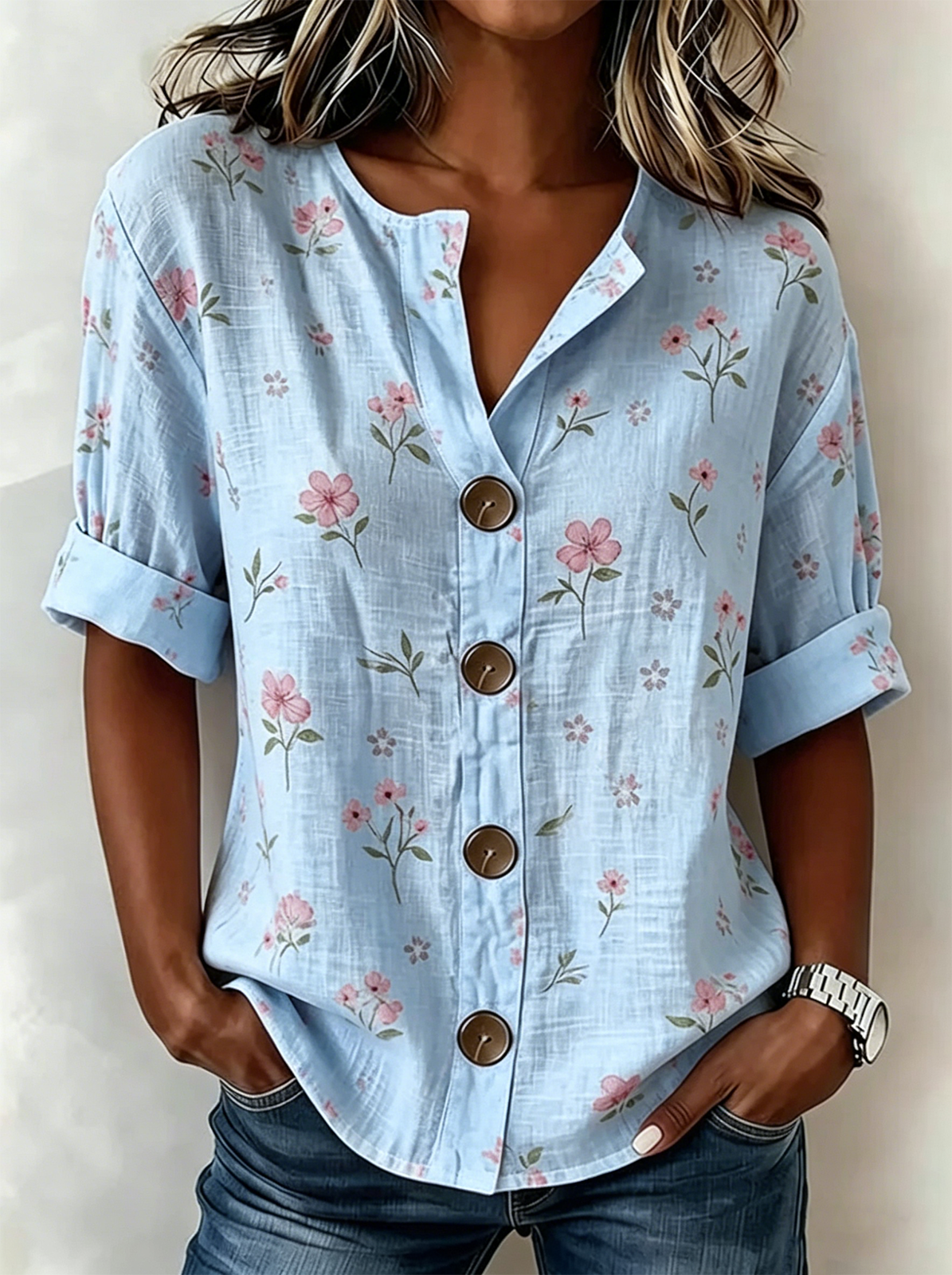 Women's Floral Print Linen Blend V-Neck Button Front Rolled Sleeve Blouse