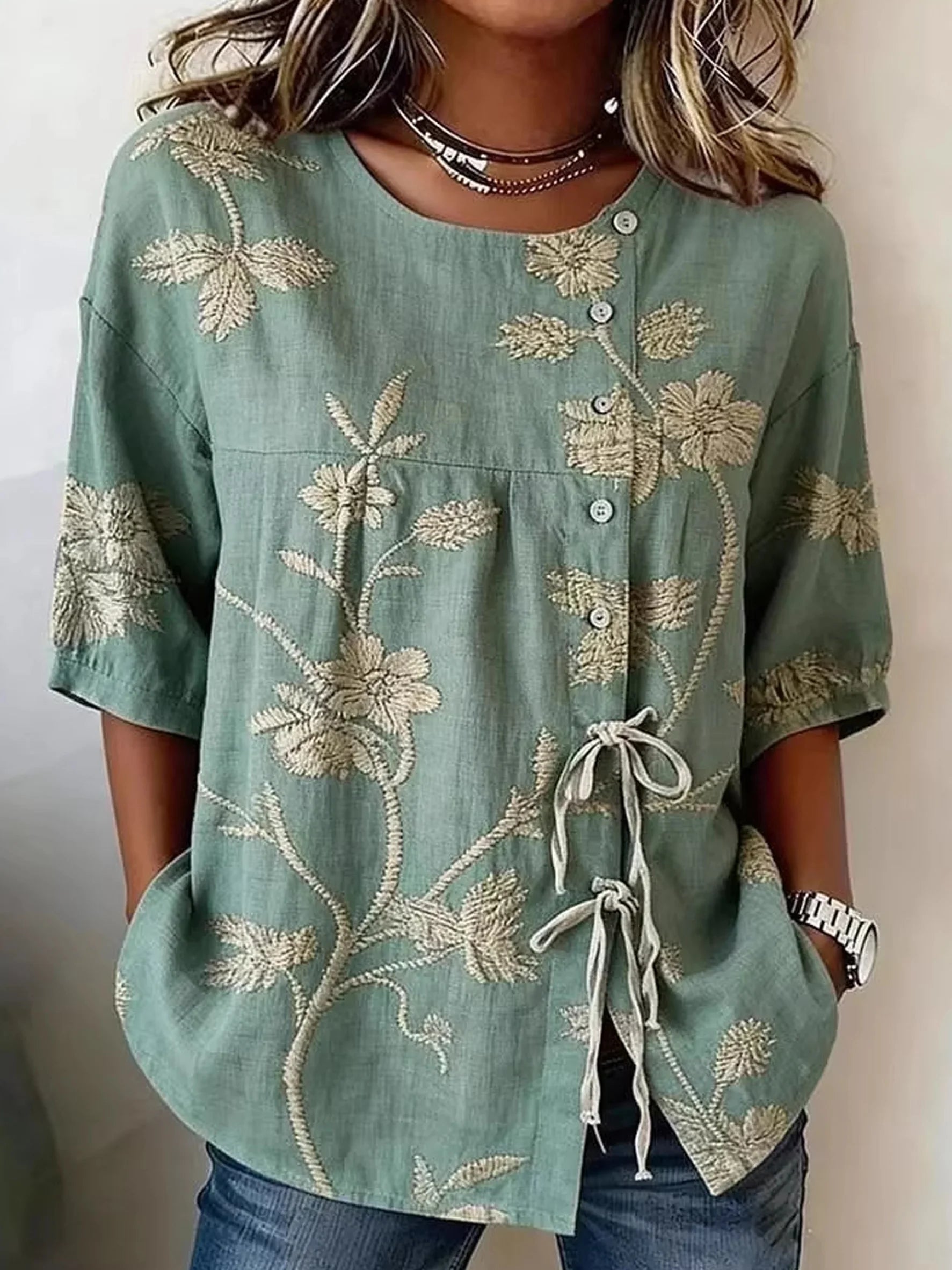 Polyester Cotton Floral Round Neck Short Sleeve Button Drawstring Casual Blouse