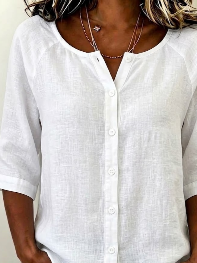 Women's Half Sleeve Shirt Summer White Plain Buckle Crew Neck Daily Going Out Casual Top