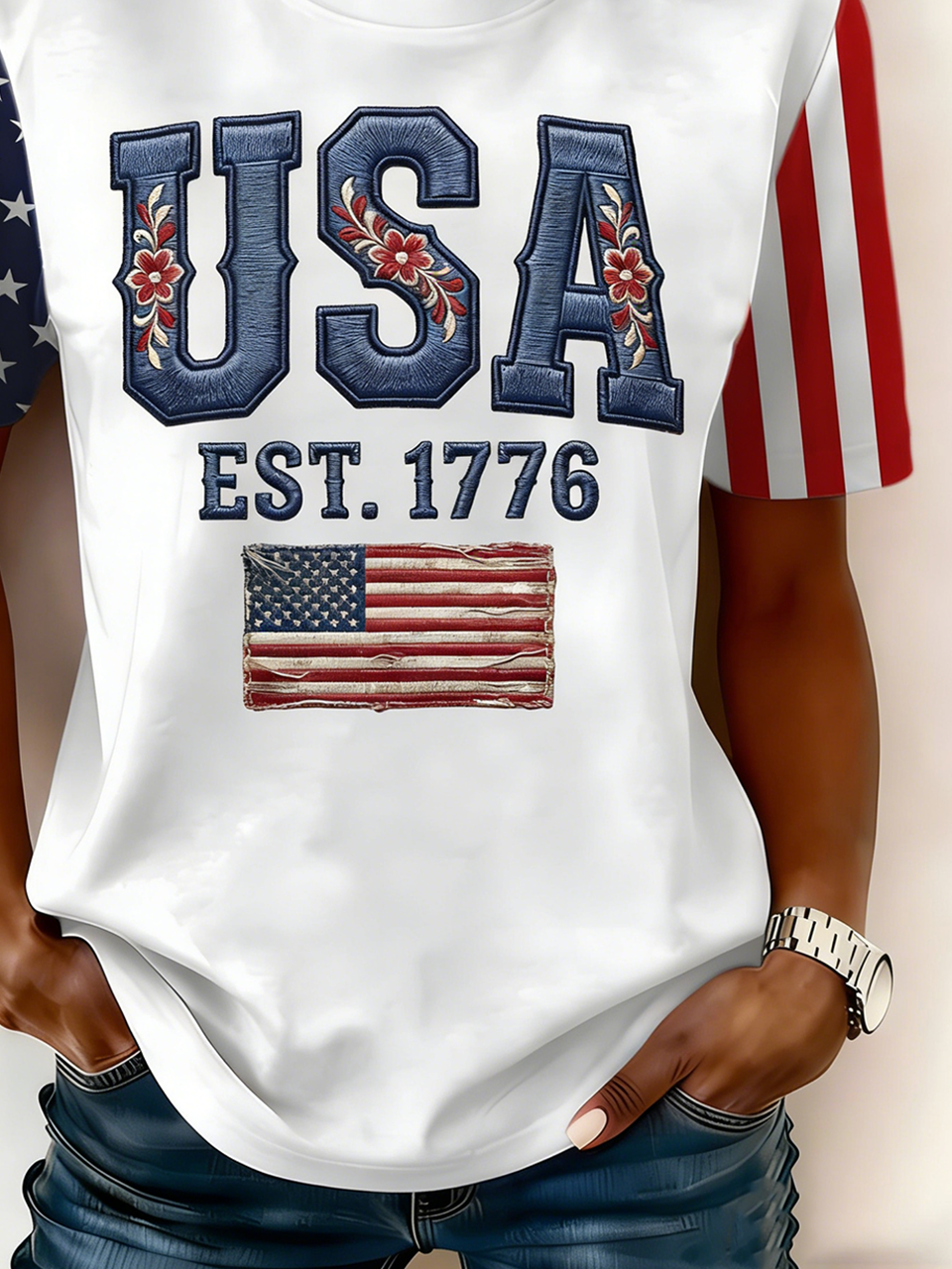 Casual Crew Neck Usa/Us/American Cotton T-Shirt