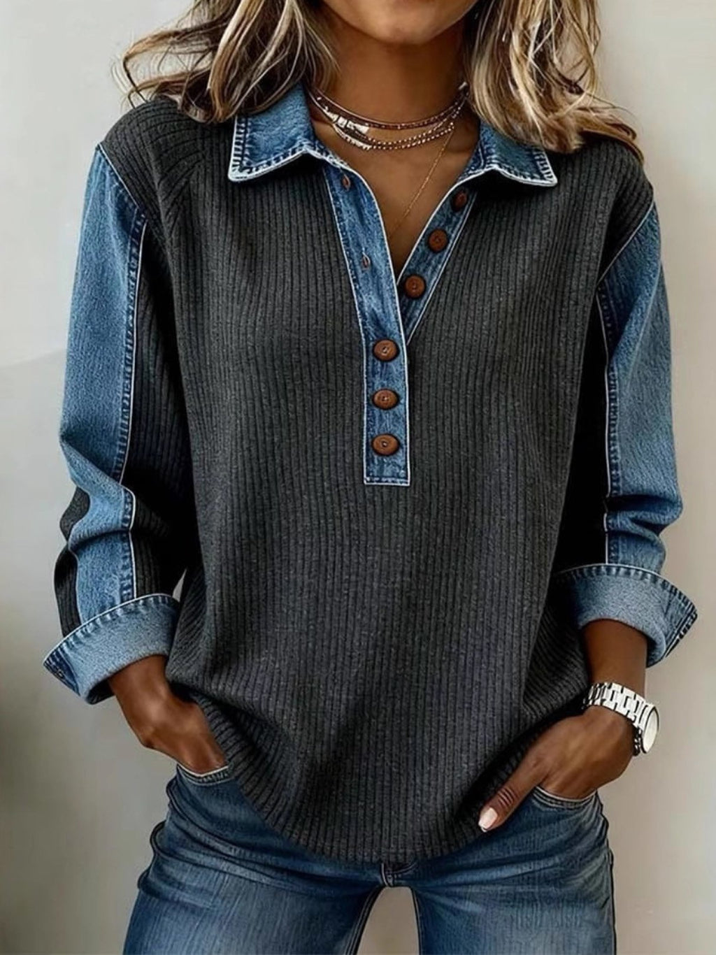 Washed Denim Color Block Ribbing Shawl Collar Long Sleeve Casual Sweatshirt