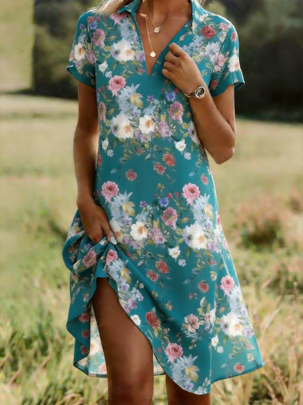Floral Loose Shirt Collar Vacation Shirt Dress With No