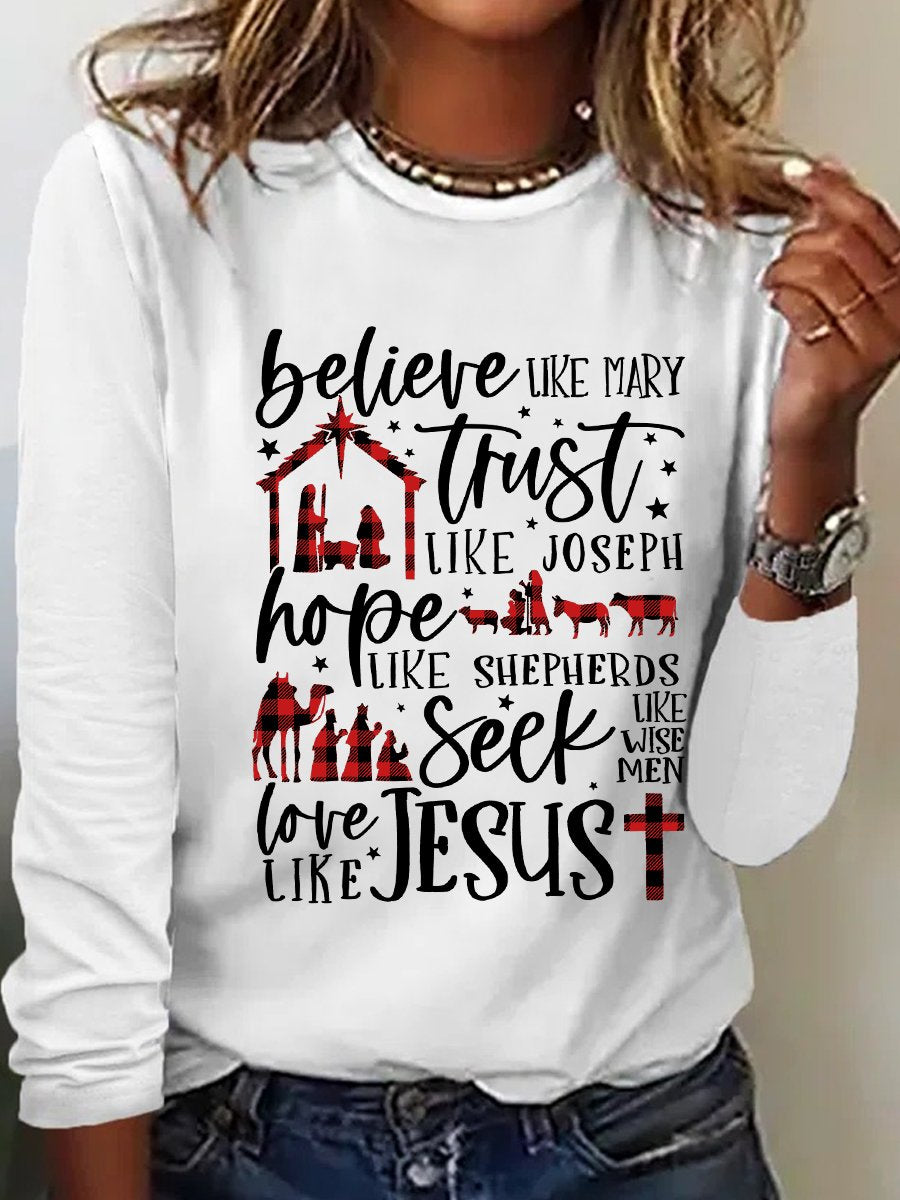 Believe Uke Mary Trust Like Joseph Hope Like Shepherds Seek Love Casual Long Sleeve Shirt