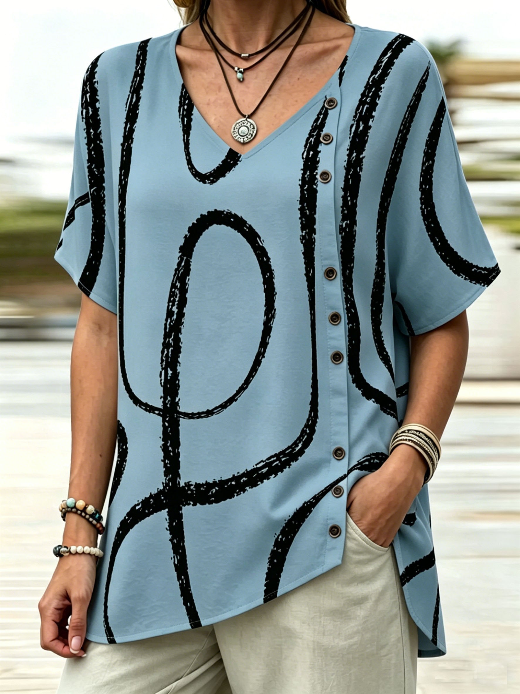 V Neck Geometric Print Top Short Sleeve Loose Casual Blouse