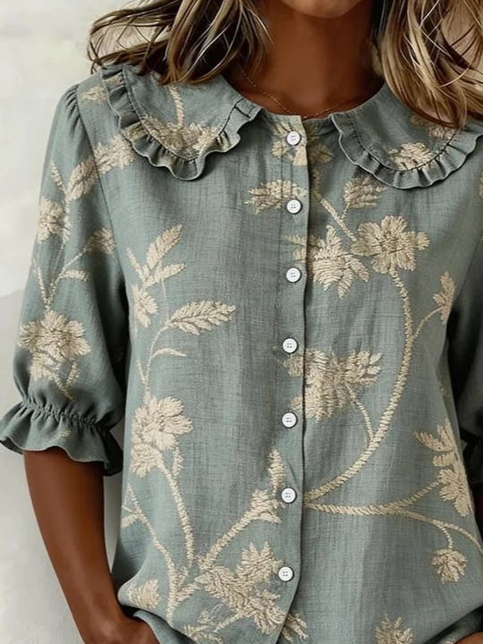 Women's Casual Peter Pan Collar Printed Cotton Linen Shirt