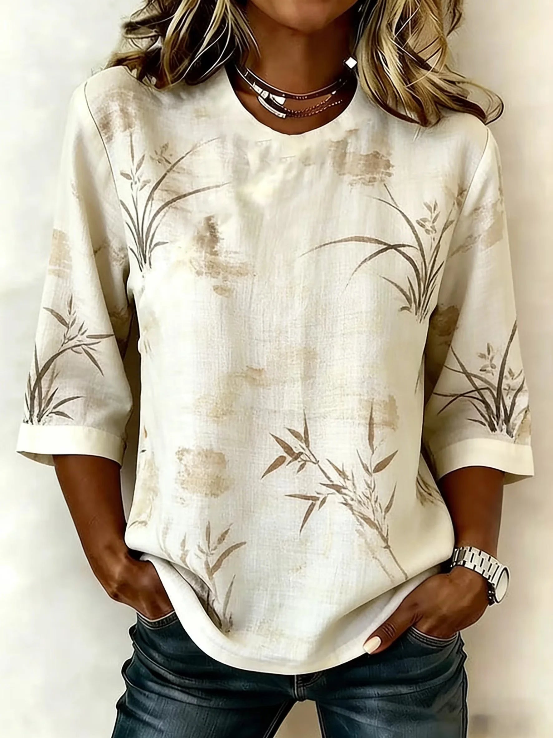 Women's Half Sleeve Blouse Summer Apricot Plants Printing Crew Neck Daily Going Out Vintage Top