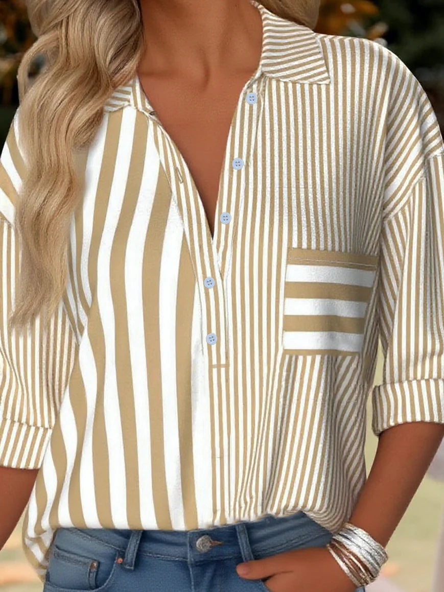 Women's Striped Pattern Patch Pocket Long Sleeve Shirt Regular Top